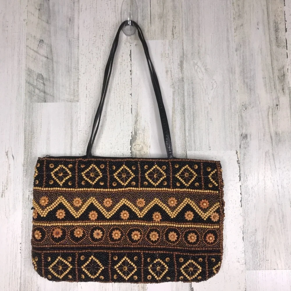 beaded double leather handle shoulder bag - Picture 1 of 7